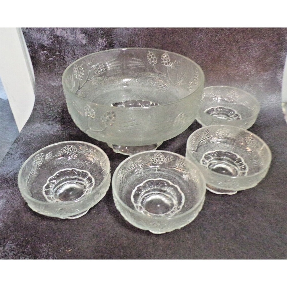 Tiara Indian Frosted & Footed Pinecone Salad Bowl 4 Footed Matchin Serving Bowls